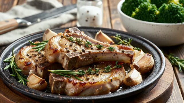 Grilled pork chops with herbs and garlic on wooden table