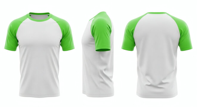 Mockup presentation featuring three views of a short sleeve raglan t shirt with vibrant lime green contrasting sleeves and a clean white body&nbsp;&nbsp;