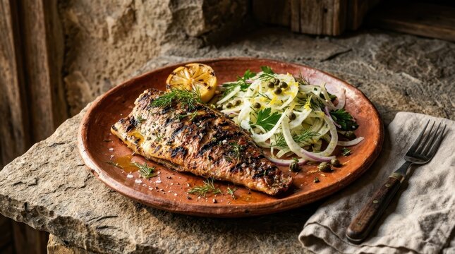 Perfectly Grilled Red Snapper Fillet Served With Fresh Fennel Salad and Lemon Wedge