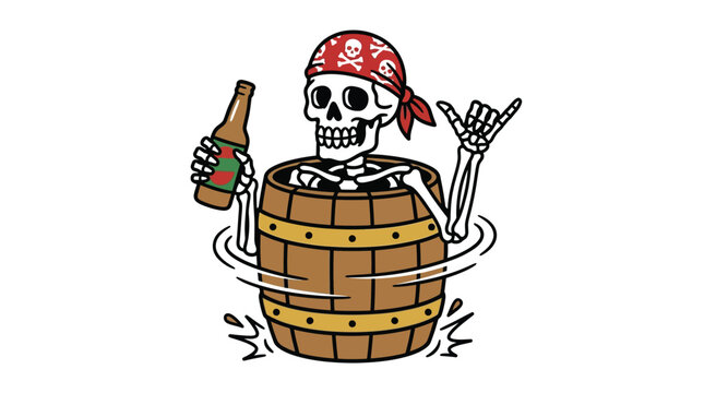 Cartoon skeleton pirate in a wooden barrel holding a beer bottle making a shaka sign for party and adventure themes