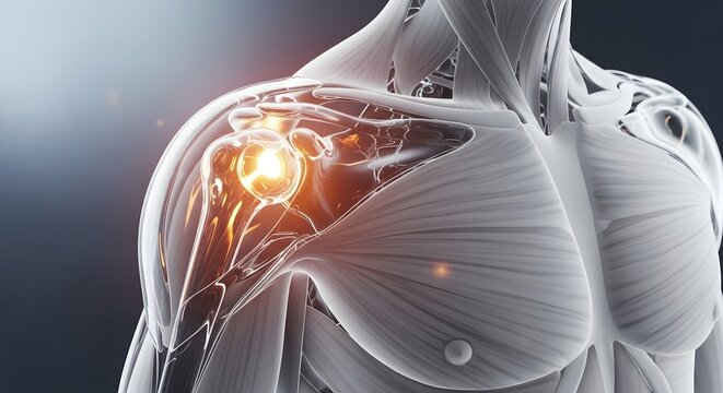 Shoulder joint arthritis and internal bone inflammation. Orthopedic surgery and radiology concept. Glowing heat map on a translucent human shoulder showing joint degradation and friction