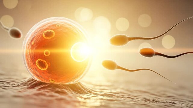 Golden glowing egg being approached by several sperm cells