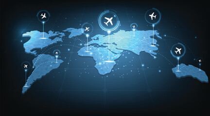  Airplane flies glowing 3D world map with interconnected travel routes. Represents global air travel, aviation logistics, and international connectivity in a digital tech style. © Chor muang