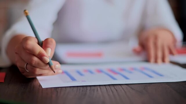 Woman drawing graph business report with pencil closeup, dynamic motion footage.