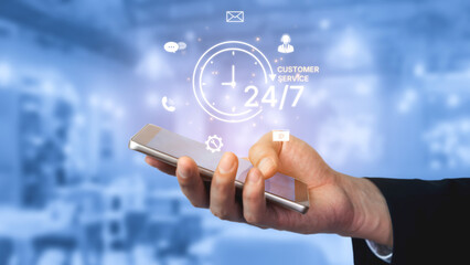 Fototapeta premium Concept of 24-hour customer service. Providing constant, non-stop support and assistance through multiple channels like phone, email, and chat for customer satisfaction. Fermion