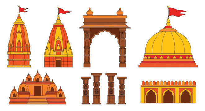 Traditional indian mandir architecture set with decorative arches and colorful domes.