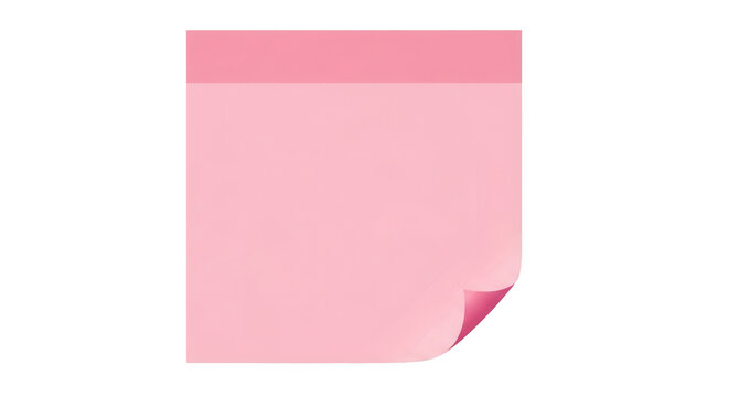 Blank pink square sticky note with a curled corner, office reminder memo. Isolated on transparent background, png