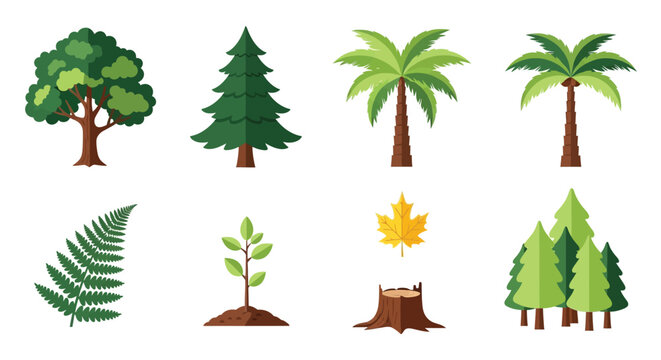 Collection of vibrant flat vector illustrations depicting various types of trees and plants.