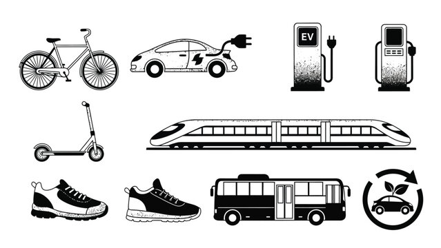 Monochrome icon set for sustainable transportation showing bicycle electric car train bus and sneakers.
