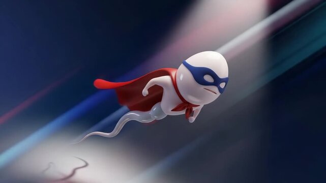 Funny superhero sperm character with cape flying through cosmic tunnel