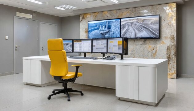 Modern control room monitoring mining operations with multiple screens and comfortable chair