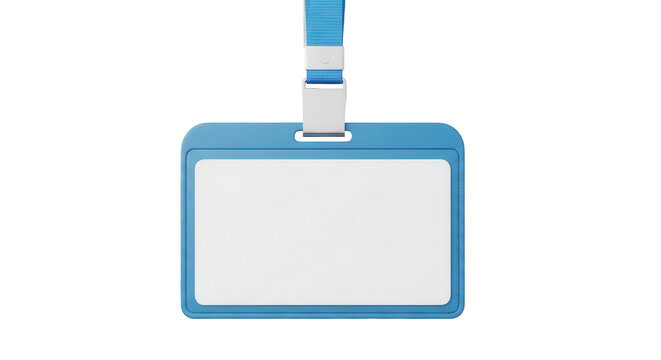Blank white ID card badge with a blue lanyard, access pass mockup. Isolated on transparent background, png