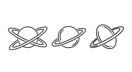Simple line drawing of three planets with rings varying in shape and orientation © ASK_Studio