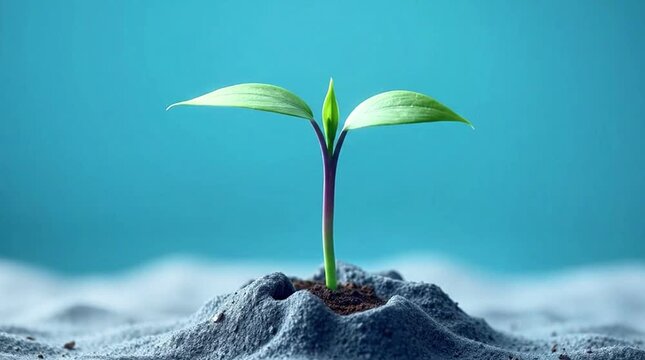 A small green plant sprouts from gray soil against a blue background outdoors.