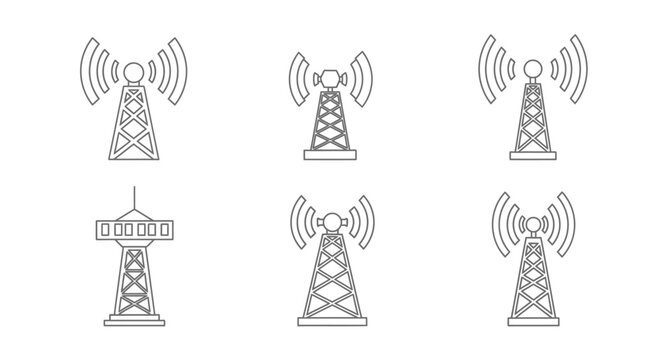 Line art illustration of six communication towers with varying designs
