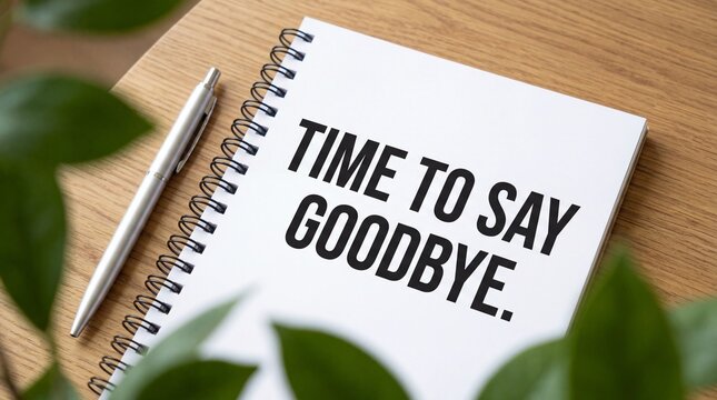 Spiral notebook with Time to say goodbye message on wooden desk with pen and green leaves, concept of farewell, resignation, ending chapter