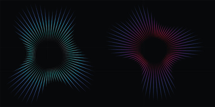 Sound wave, circular equalizer icons, round music soundwave shape, concentric energy burst. Vector illustration.