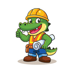 Obraz premium Happy cartoon alligator construction worker giving thumbs up and holding blueprints