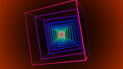 Fototapeta premium Abstract Neon Wireframe Cubes Create a Hypnotic Tunnel on a Graded Orange Background