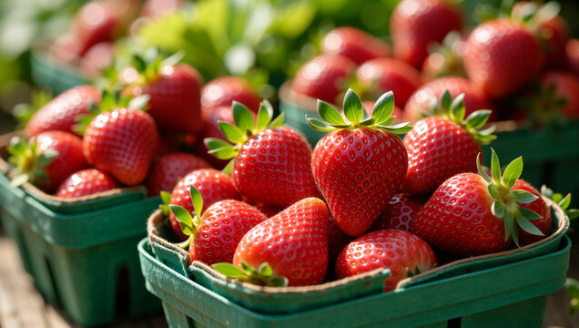 Fresh red strawberries in green baskets on a sunny day. Ripe organic fruit harvest at a farm market. Healthy summer food concept