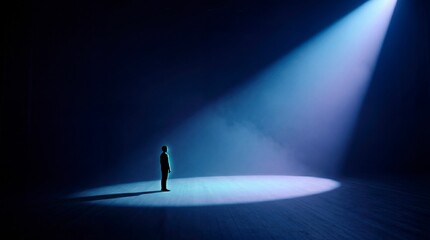 Man in the Spotlight: Silhouette of a person stands centered in a brilliant spotlight, evoking feelings of isolation, contemplation, and the weight of being observed. 