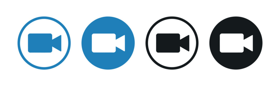 Video camera icon set, streaming and video call symbol collection with video recording sign, camcorder icon, movie sign, and digital communication graphics, isolated vector illustration.