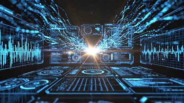 Futuristic Blue Sci-Fi Data Visualization Dashboard with Glowing Waveforms and Particles