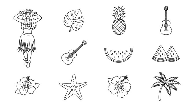 Hawaiian icons set with hula dancer, pineapple, guitar, and tropical elements