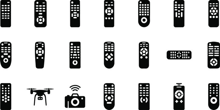 Assorted electronic remote control silhouettes with tv remote with media control with home entertainment
