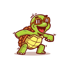 Obraz premium Funny cartoon turtle wearing sunglasses, happily dancing and enjoying life