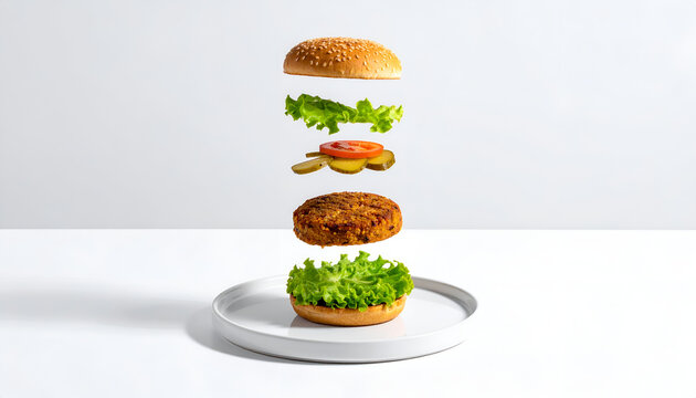 Deconstructed veggie burger with fresh toppings levitating over a bun on a plate against white background for culinary design