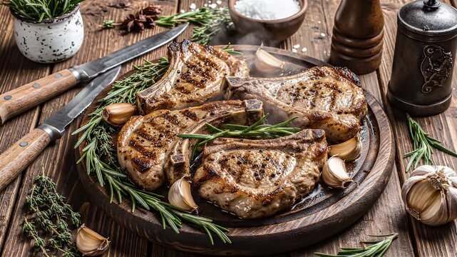 Hot grilled pork chops with rosemary and garlic on wooden board