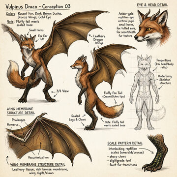Vulpinus draco conception 03 with detailed illustrations and notes on anatomy and design