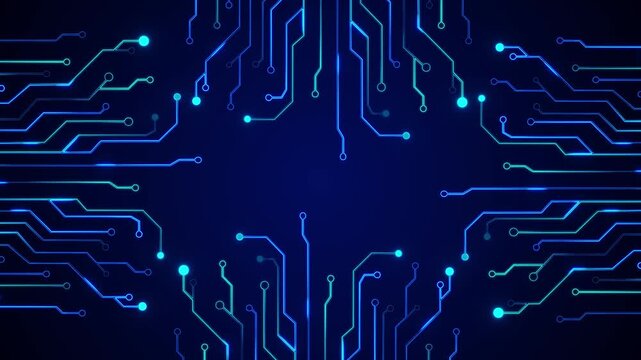 Blue animated circuit board lines radiate data. Digital technology backdrop. Data lines flow. Central computer processor CPU concept. Motherboard digital chip.