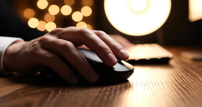 Close-up of a hand using a computer mouse on a wooden desk with soft glowing lights in the background (1)
