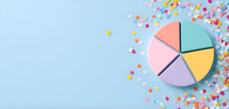 Colorful pie chart with pastel sections and confetti on light blue background for celebration