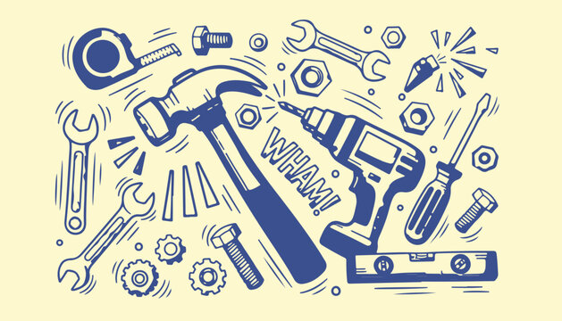 Comic style illustration of power tools and hardware with wham text in blue line artwork.