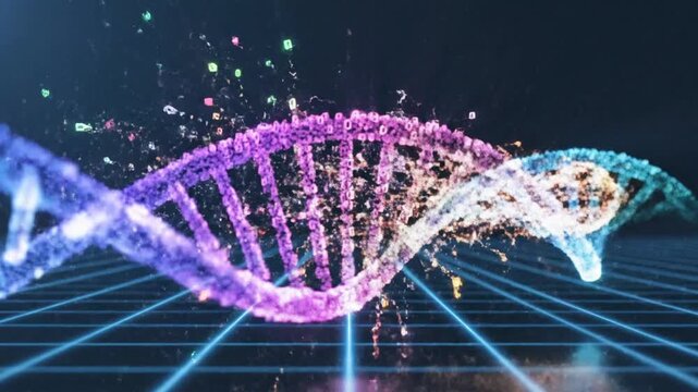 Abstract dna helix structure with digital particles and futuristic background