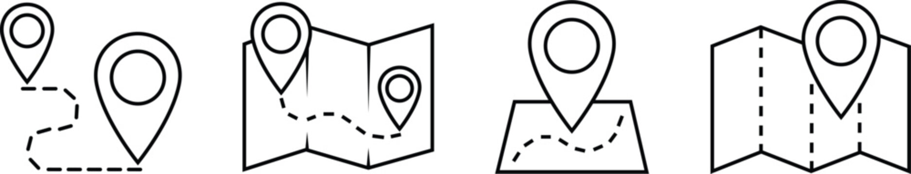 Map and location icons set in black line styles. Mapping vectors. Geolocation map path distance. GPS cartography position. Pinpoint, map search, route and navigator isolated on transparent background.