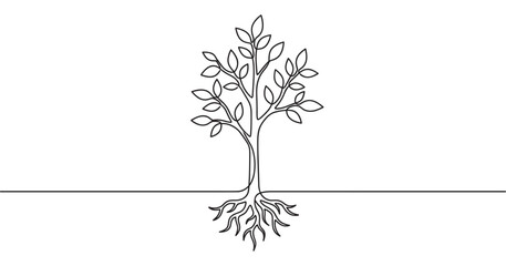 Obraz premium Stylized tree with roots and leaves is depicted in a continuous single black line drawing on a clean white surface