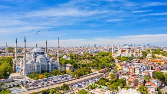 Aerial View of Blue Mosque and Hagia Sophia in Istanbul, Turkey - 4K Drone Footage