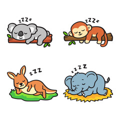 Fototapeta premium Adorable cartoon animals sleeping peacefully, showcasing cute koala, monkey, kangaroo, and elephant napping