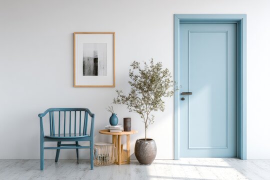 Interior hallway decor with blue door, chair, art, plants, wooden table