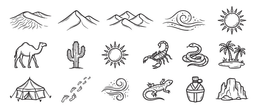 This collection of hand-drawn desert elements features various iconic symbols like camels, cacti, scorpions, and sand dunes, rendered in a simple, artistic doodle style