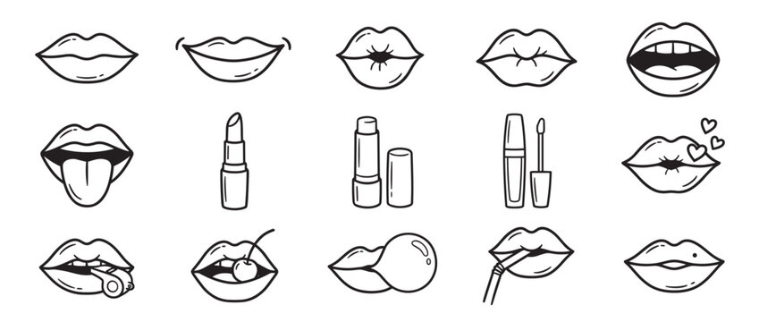 Collection of black outline cartoon lips and makeup icons, including various expressions and cosmetic products, presented in a clean, graphic style