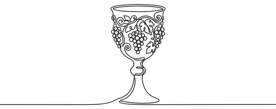 Single continuous line drawing of an ornate goblet adorned with grapevines and clusters of grapes, presented in a minimalist art style