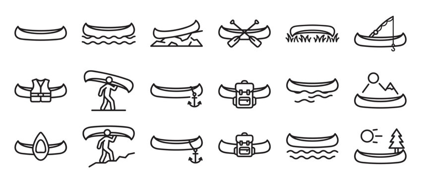 Collection of various simple black outline canoe and kayak icons depicting different outdoor activities and scenarios