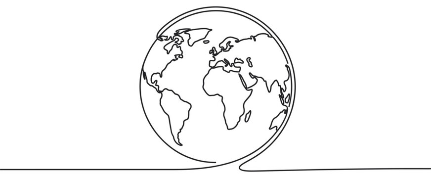 Continuous line drawing of a stylized world map globe, showing continents in a minimalist black outline on a white surface