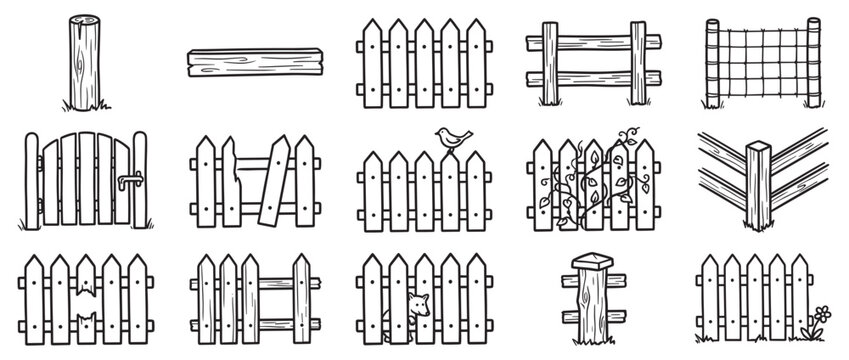 Various hand-drawn black and white illustrations of different wooden fences, gates, and fence posts with simple details