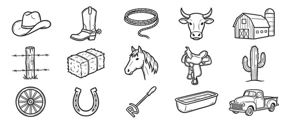 Obraz premium Collection of hand-drawn cowboy and ranching icons, including a hat, boot, lasso, horse, and barn, rendered in a clean line art style